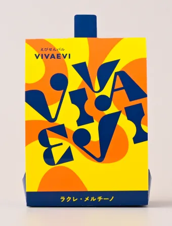 VivaEvi(ヴィヴァエビ）のパッケージ画像。ラクレ・メルチーノは、白ワインとの相性が良いえびが主原料のおせんべい。