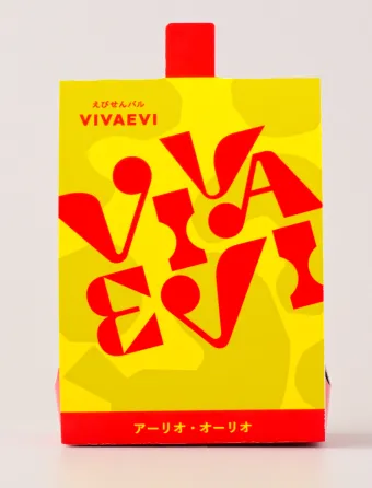 VivaEvi(ヴィヴァエビ）のパッケージ画像。アーリオ・オーリオは、ビールとの相性が良いえびが主原料のおせんべい。